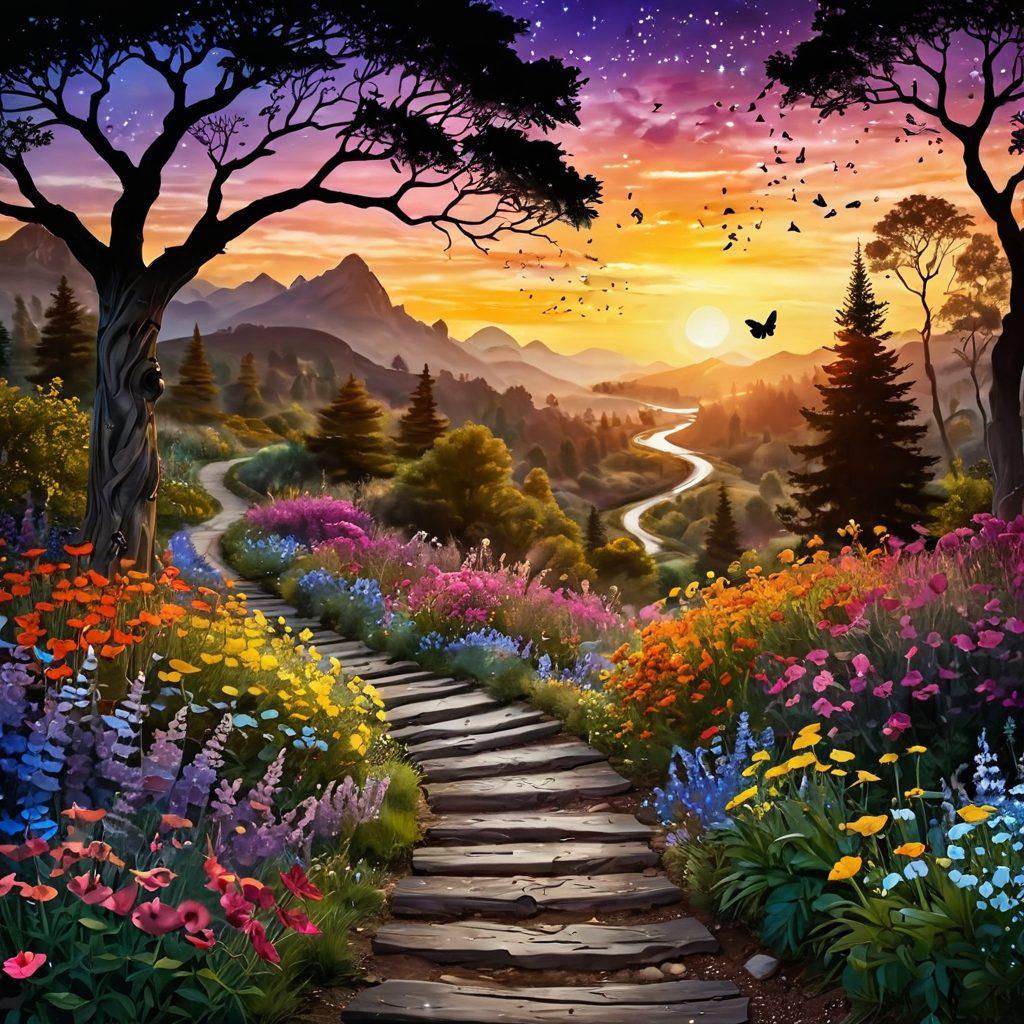 A whimsical landscape featuring a winding pathway surrounded by colorful flowers and trees, leading towards a radiant, golden sunrise. Along the path, playful creatures and shimmering butterflies symbolize joy and delight, while stars twinkle in the sky above, hinting at the magic of discovery. A silhouette of a person standing at the beginning of the path, looking inspired. vibrant colors. fantasy art. dreamy atmosphere.