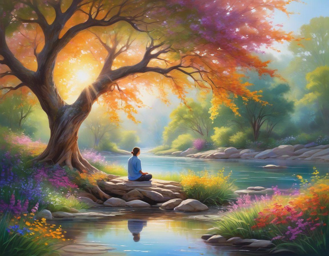 A serene landscape depicting a peaceful nature scene with a person meditating under a large tree, surrounded by colorful flowers and a tranquil stream. Soft sunlight filters through the leaves, creating a warm and inviting atmosphere that embodies euphoria and satisfaction. Gentle, flowing lines give the image a sense of calm movement, inviting viewers to feel content and connected to nature. painting. vibrant colors.