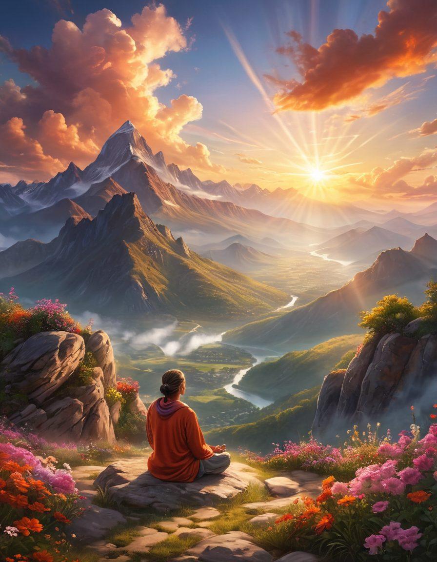 A serene landscape depicting a person meditating on a mountaintop during sunrise, with soft rays of light illuminating their peaceful expression. Surrounding them are vibrant flowers symbolizing joy, and gentle clouds that create a soothing atmosphere. In the background, mountains and valleys represent the journey of life towards bliss and contentment. super-realistic. vibrant colors. peaceful ambiance.